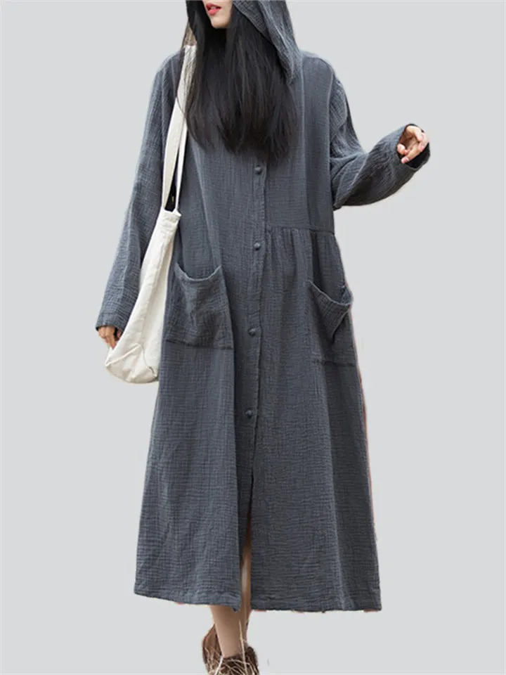 Women's Stylish Cotton Linen Long Hooded Robe with Pockets