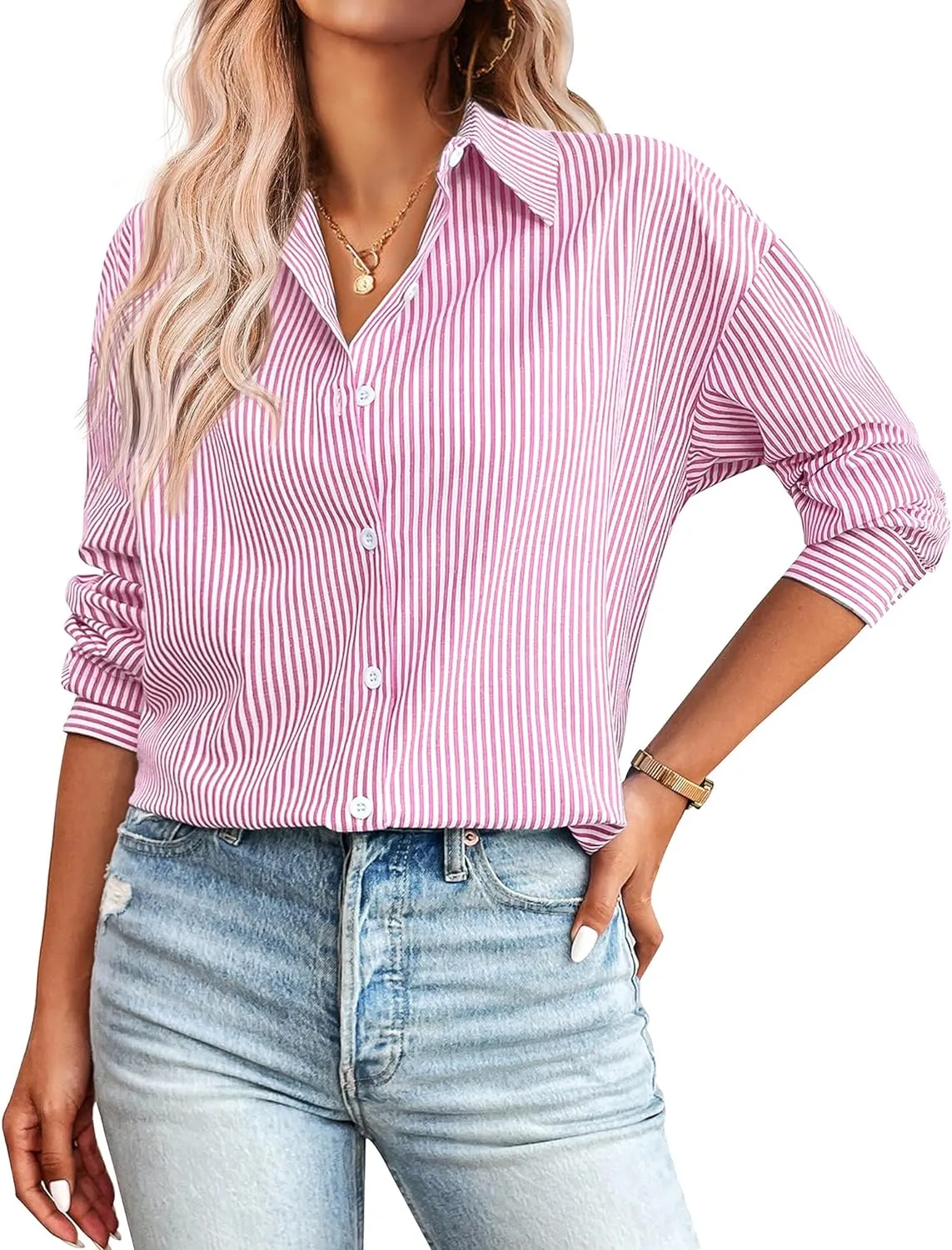 Zeagoo Womens Button Down Shirts for Women Loose Striped Long Sleeve Cotton Blouses Dressy Casual Buisness Work Tunic Top