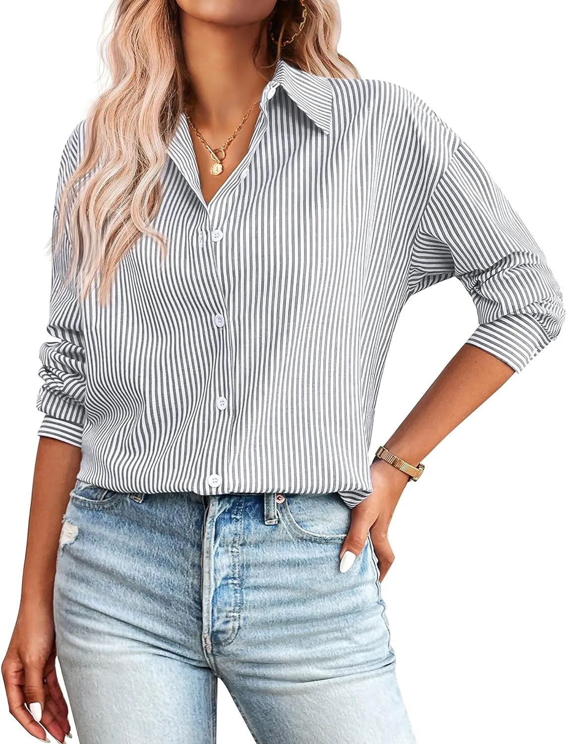 Zeagoo Womens Button Down Shirts for Women Loose Striped Long Sleeve Cotton Blouses Dressy Casual Buisness Work Tunic Top