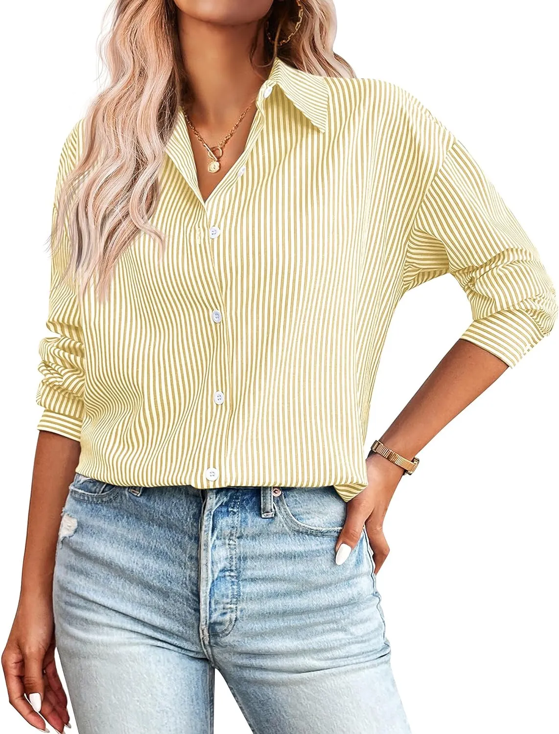 Zeagoo Womens Button Down Shirts for Women Loose Striped Long Sleeve Cotton Blouses Dressy Casual Buisness Work Tunic Top