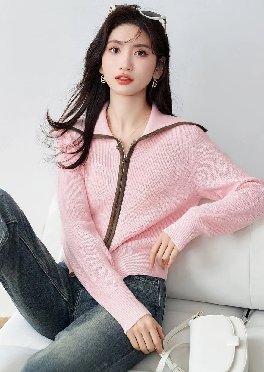 ZIPPER BIG LAPEL KNIT SWEATER