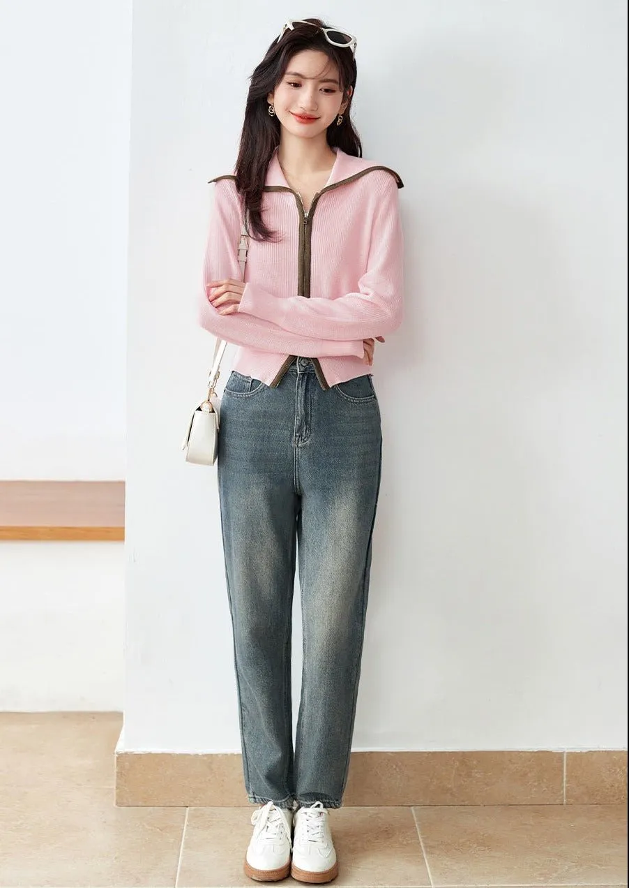 ZIPPER BIG LAPEL KNIT SWEATER